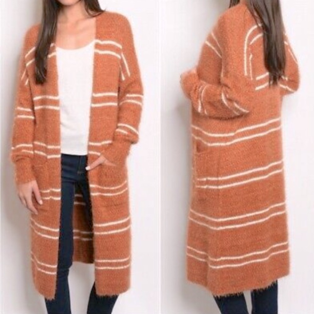 Hyfve Burnt Orange Fuzzy Cardigan Duster Med